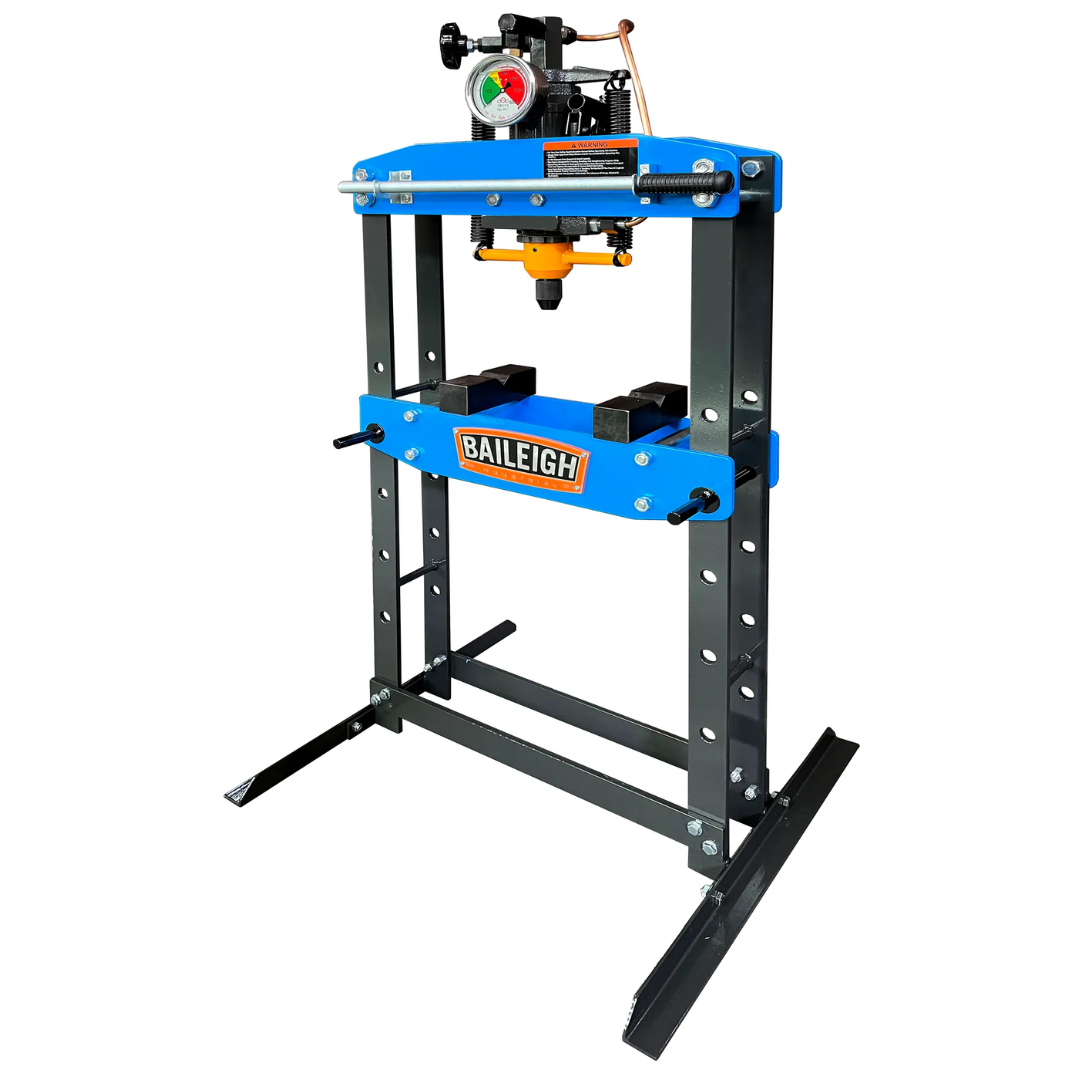 Baileigh 5 TON HYDRAULIC SHOP PRESS HSP-5A 1232702 front perspective showing the adjustable work platform, heavy-duty construction, and compact footprint ideal for workshops and maintenance facilities.