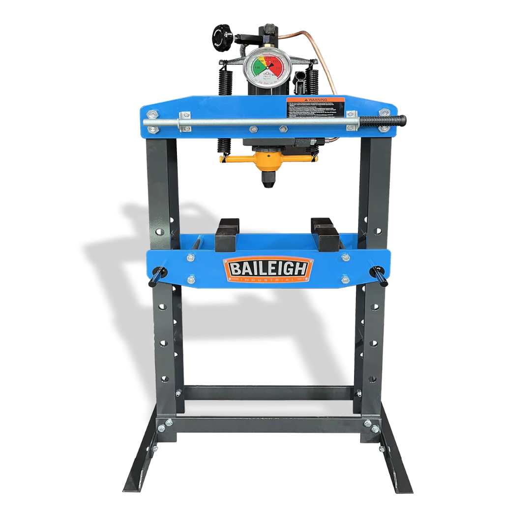 Baileigh 5 TON HYDRAULIC SHOP PRESS HSP-5A 1232702 side profile displaying the hydraulic ram assembly, stable support structure, and industrial-grade design for pressing bearings, bushings, and components.