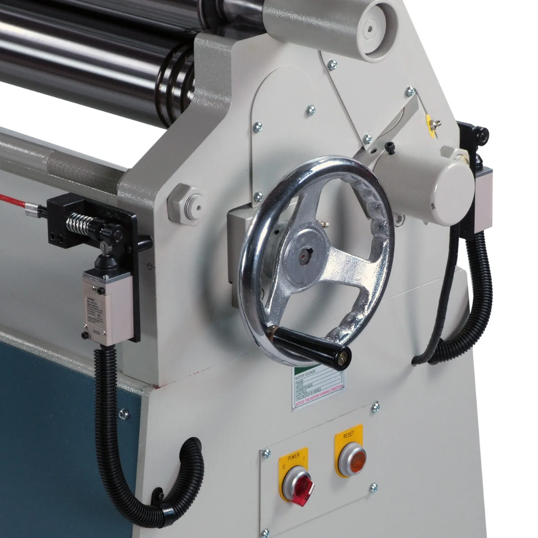 Baileigh 60-Inch Hydraulic Plate Roll, 14-Gauge Mild Steel (PR-514) 1006546 side control section featuring machine adjustments, drive components, and operator controls for metal fabrication environments.