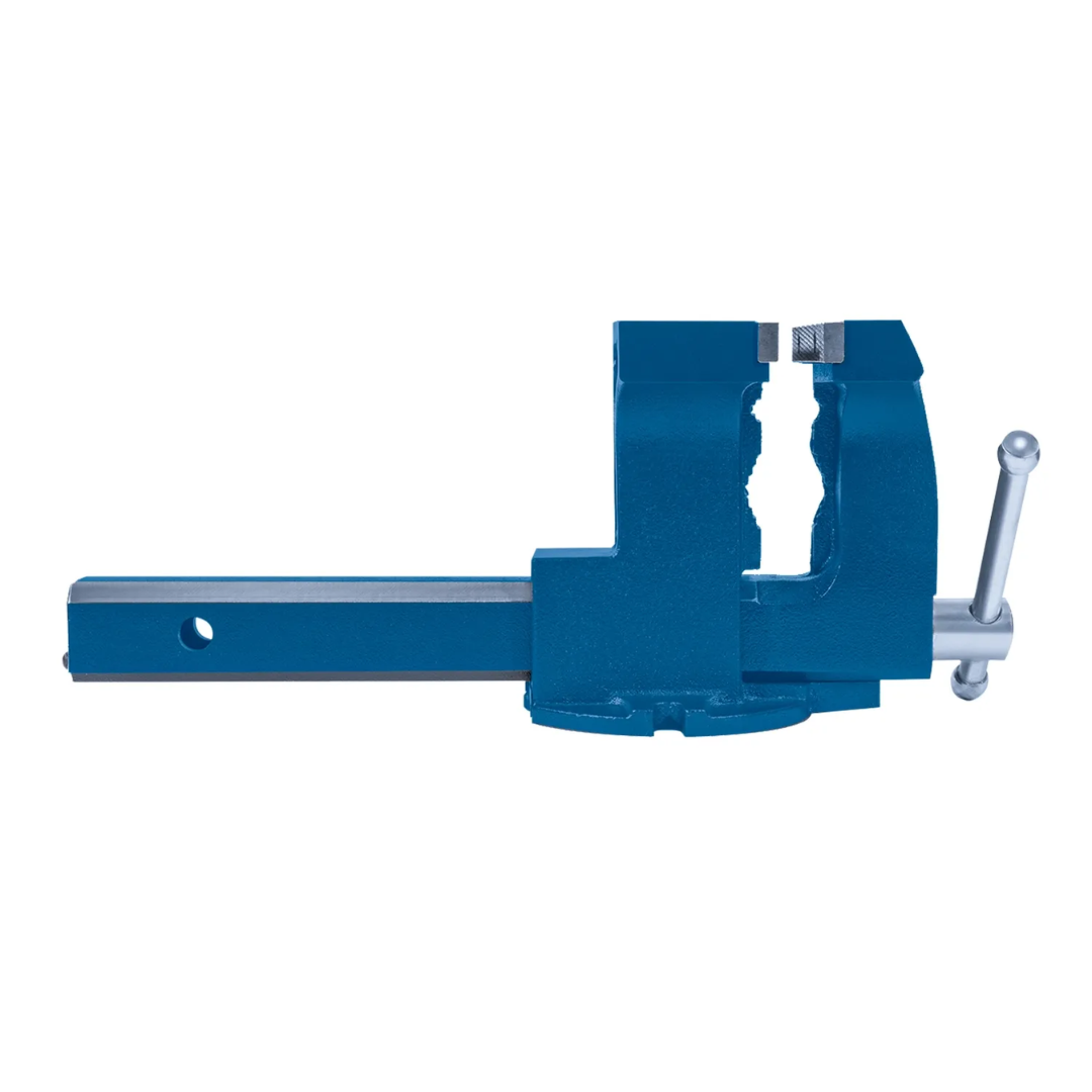 Baileigh 6" Heavy Duty Hitch Vise BV-6HV 1227908 side profile showing receiver hitch mounting arm, reinforced vise body, and industrial-grade fabrication for secure workholding.