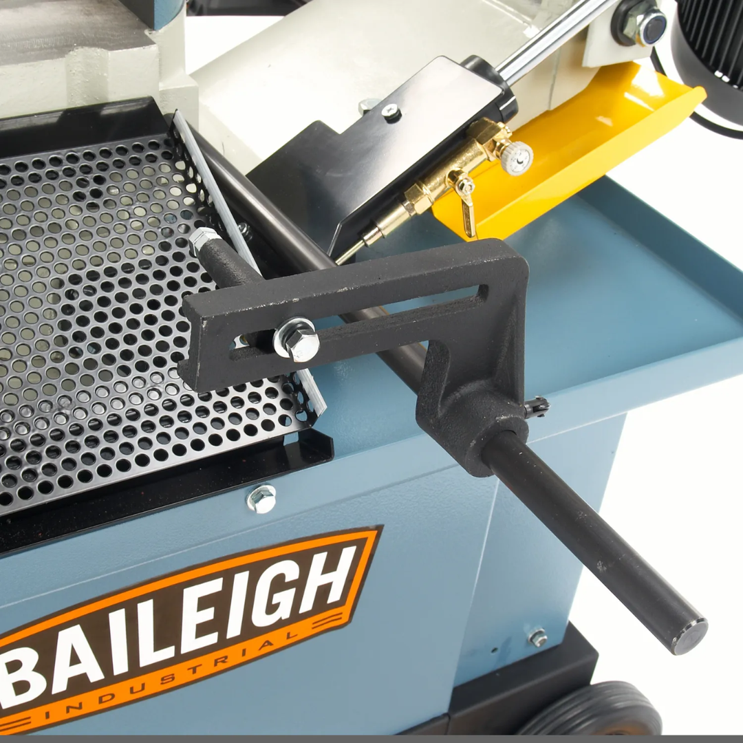 Baileigh 7-Inch Horizontal/Vertical Bandsaw, Coolant Pump (BS-712MS) 1001684 machine stand and coolant collection system detail featuring integrated coolant tray and industrial support structure.