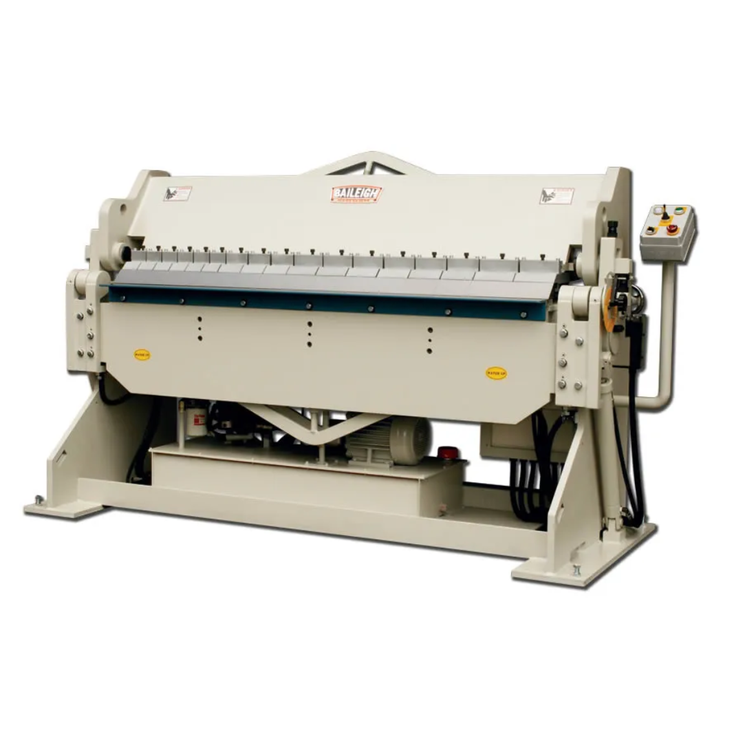 Baileigh 72-Inch Hydraulic Box & Pan Brake (BB-7210H) 1021002 industrial hydraulic box and pan brake featuring a 72-inch bending capacity, segmented finger tooling, heavy-duty welded steel construction, hydraulic clamping and bending system, and precision sheet metal forming for fabrication, HVAC, and manufacturing applications.