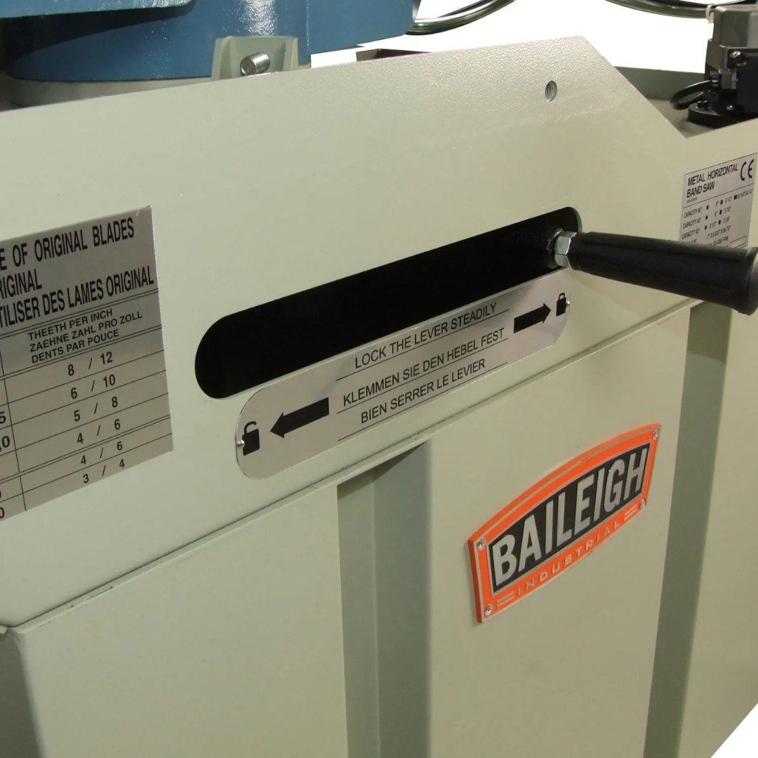Baileigh 8.5" Variable-Speed Dual-Miter Horizontal Bandsaw (BS-260M) 1001432 detailed view of machine housing and blade system engineered for precision cutting in fabrication environments.