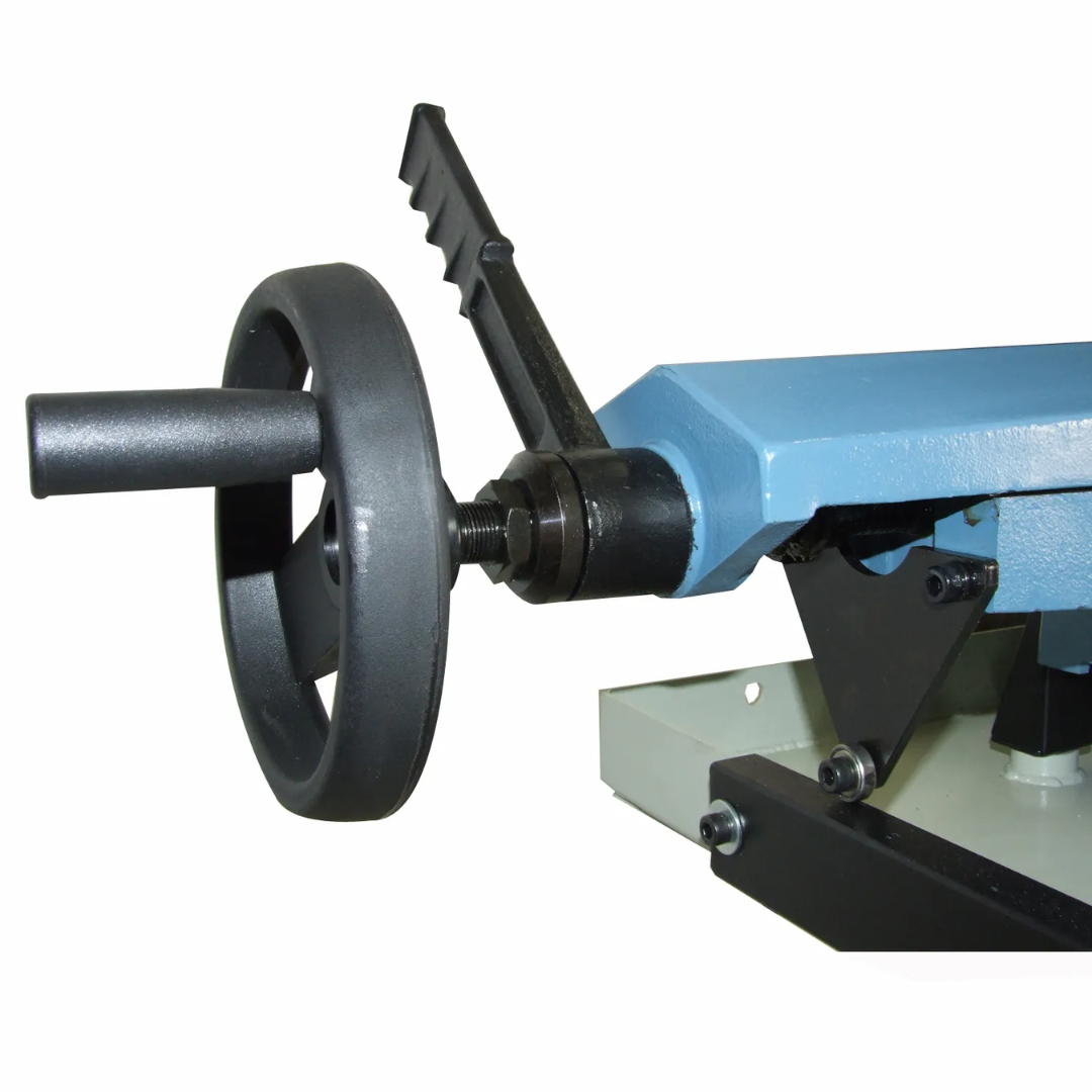 Baileigh 8.5" Variable-Speed Dual-Miter Horizontal Bandsaw (BS-260M) 1001432 handwheel adjustment system used for precise setup and repeatable cutting operations.