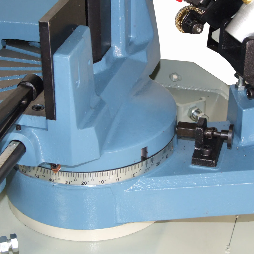 Baileigh 8.5" Variable-Speed Dual-Miter Horizontal Bandsaw (BS-260M) 1001432 miter adjustment mechanism allowing accurate angled cuts for fabrication and production applications.