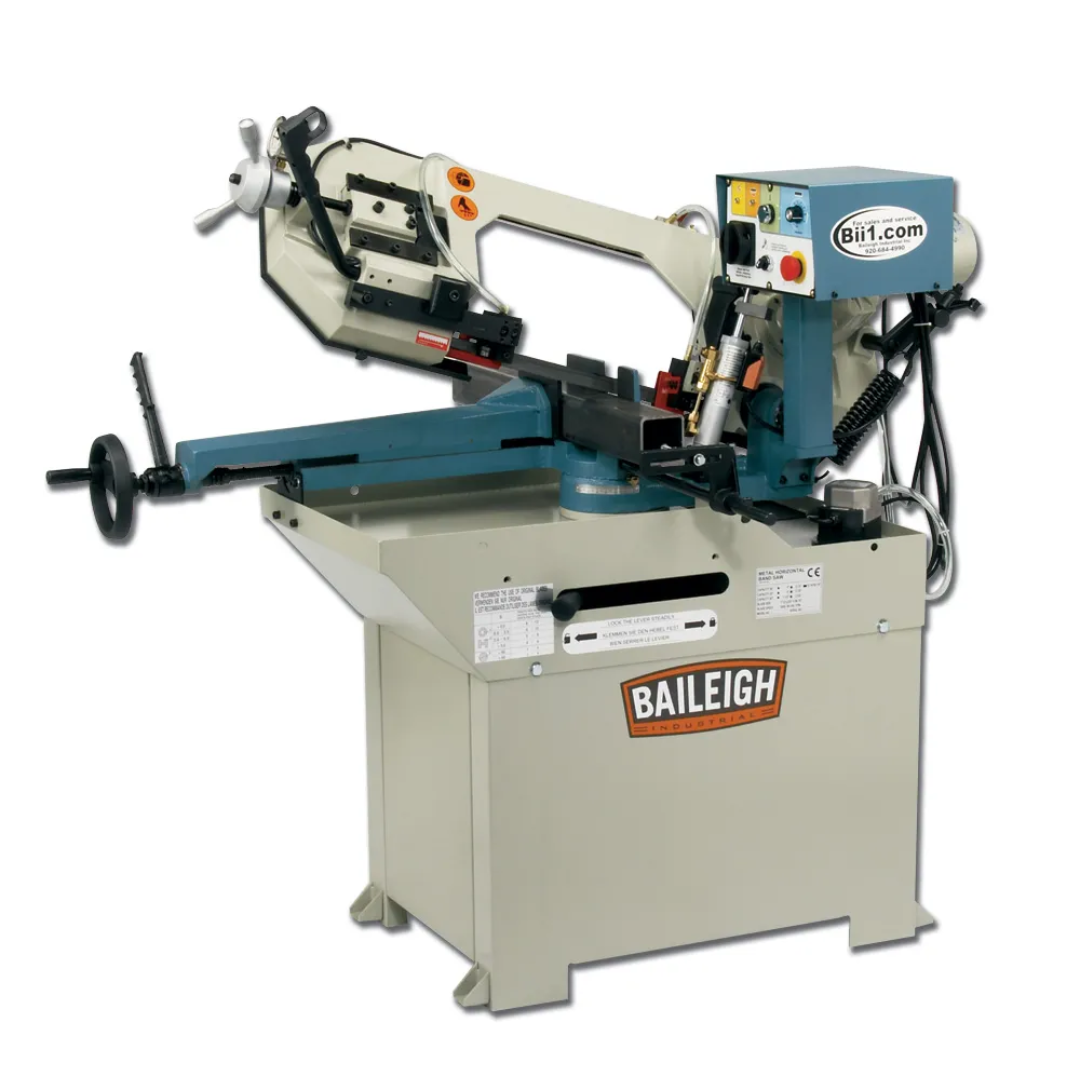 Baileigh 8.66-Inch Mitering Horizontal Bandsaw, 2 HP (BS-250M) 1001396 industrial horizontal bandsaw with mitering head, hydraulic downfeed, and heavy-duty steel base for precision metal cutting.
