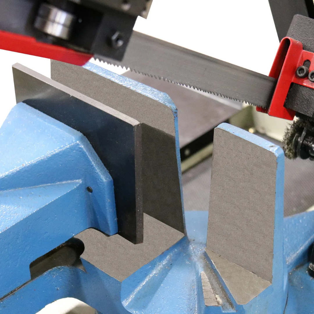 Baileigh 8.66-Inch Mitering Horizontal Bandsaw, 2 HP (BS-250M) 1001396 precision machine vise securely holding metal stock for accurate cutting operations.