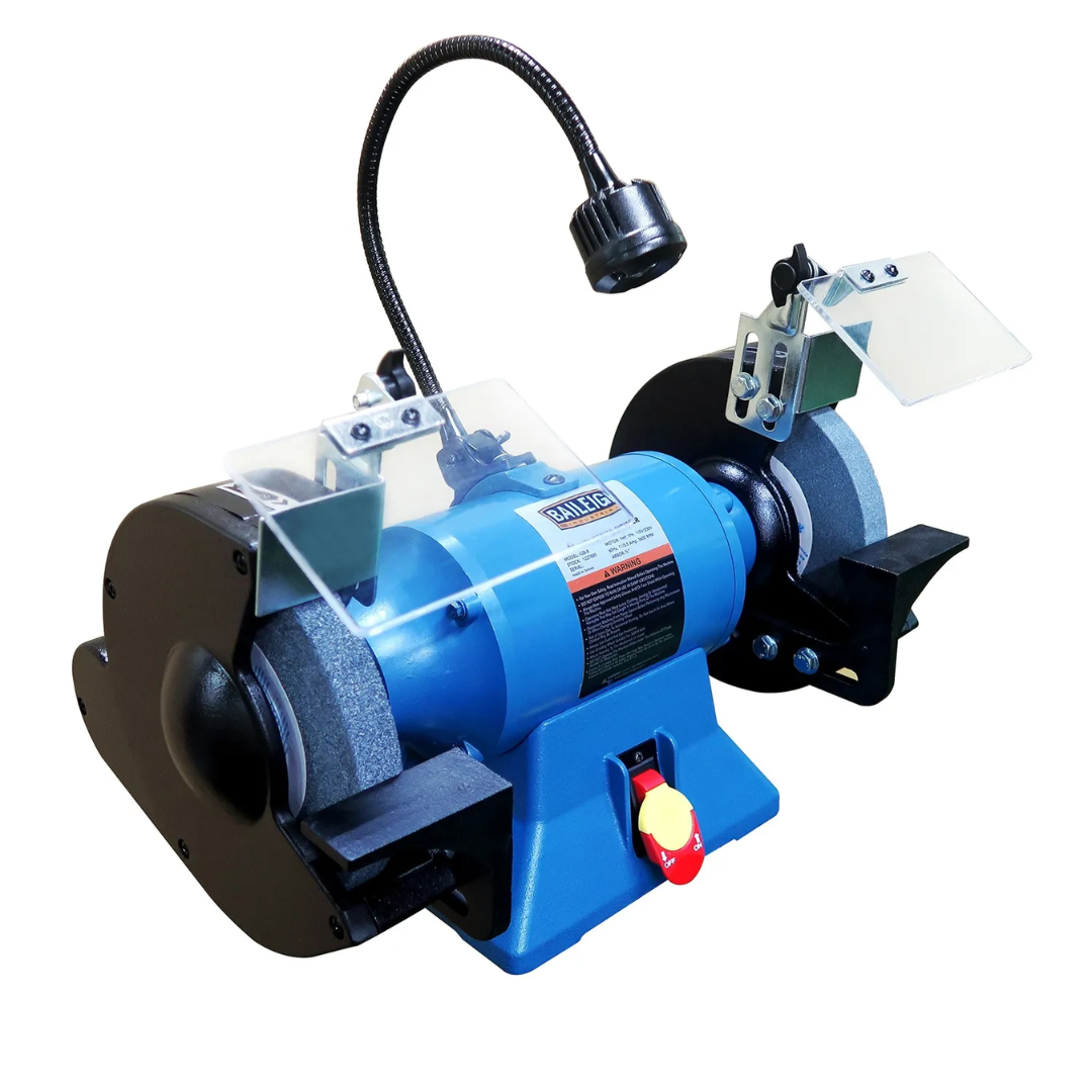 Baileigh 8" Bench Grinder - (IGB-8) 1227895 industrial bench grinder featuring dual grinding wheels, integrated work lights, adjustable tool rests, and heavy-duty motor construction for sharpening, deburring, and metal finishing applications.