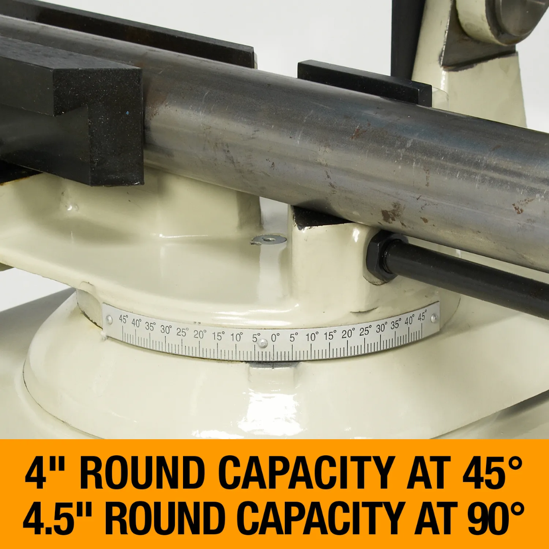 Baileigh Abrasive Chop Saw AS-350M 1000267 cutting capacity illustration showing 4-inch round capacity at 45 degrees and 4.5-inch round capacity at 90 degrees for versatile fabrication work.