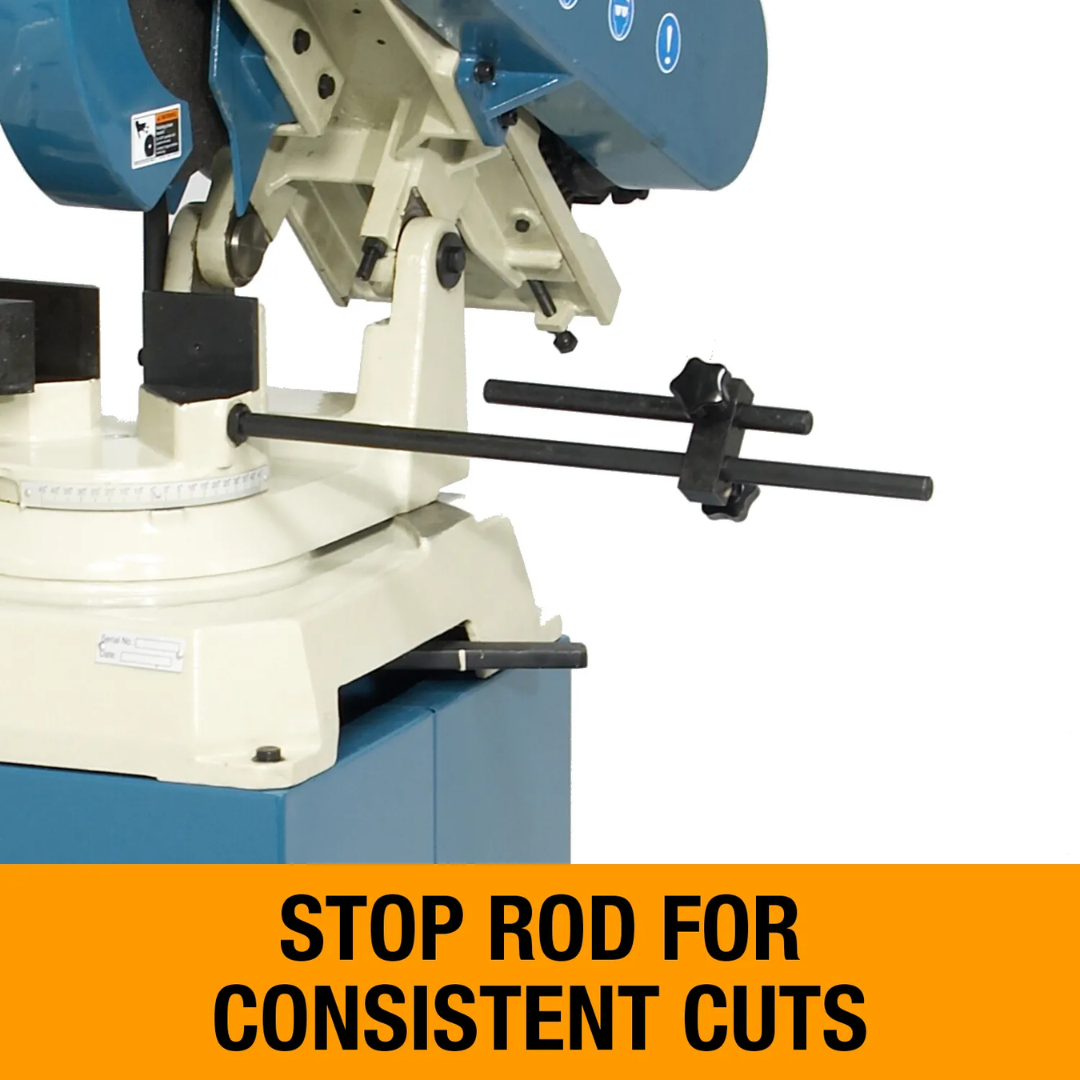 Baileigh Abrasive Chop Saw AS-350M 1000267 showing adjustable stop rod system designed to deliver consistent, repeatable cuts for production and fabrication environments.