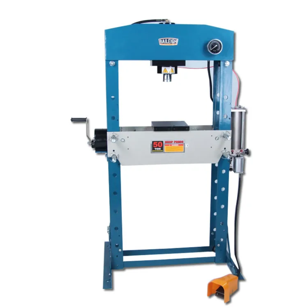Baileigh Air/Hand Shop Press: 7.8" Stroke 1004828 featuring heavy-duty H-frame construction, hydraulic pressing system, adjustable work table, and dual air-over-hydraulic and manual operation for industrial pressing applications.