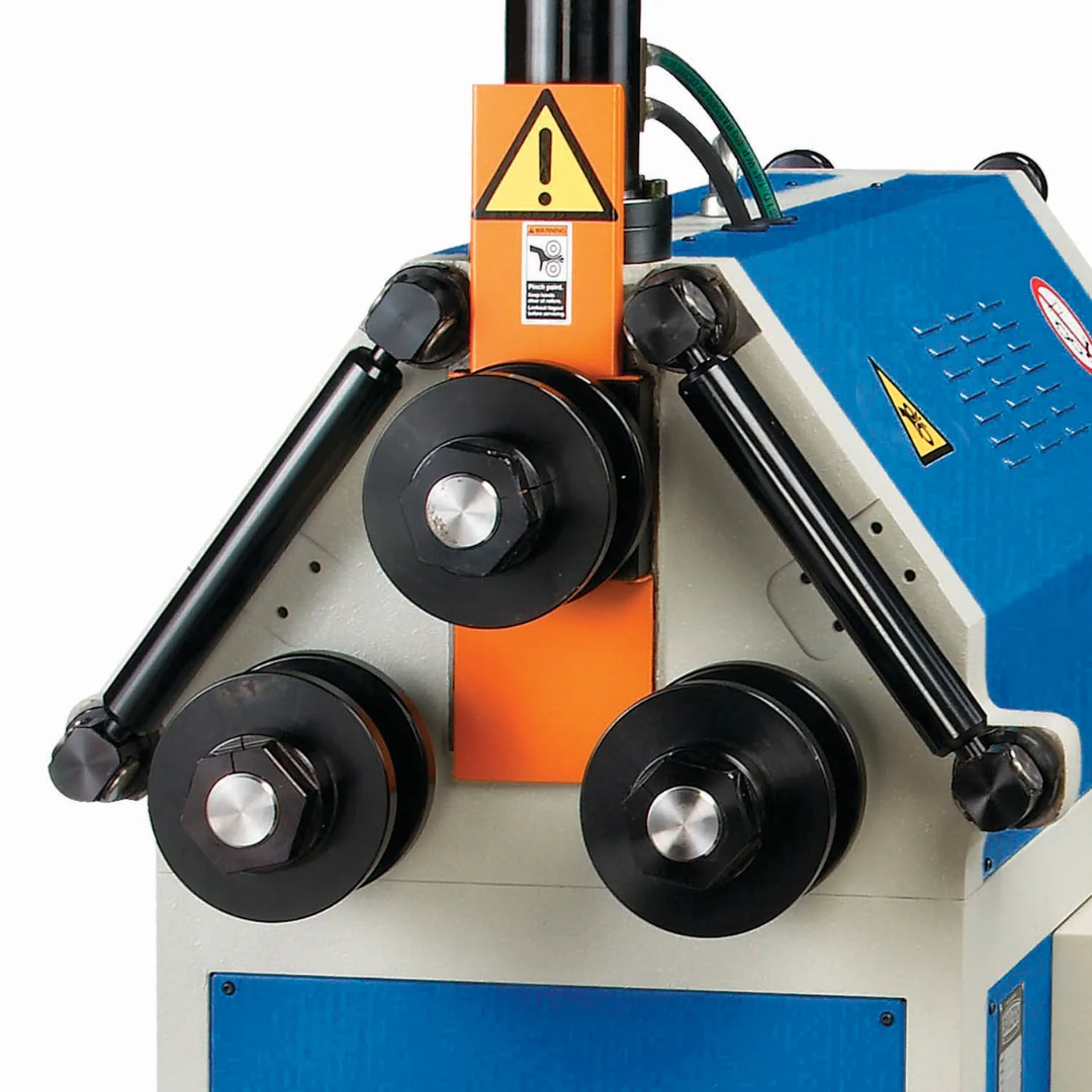 Baileigh Angle Roller R-H55 1006836 front view highlighting the three-roll hydraulic bending system, adjustable guide rollers, and heavy-duty construction for precision metal profile rolling.