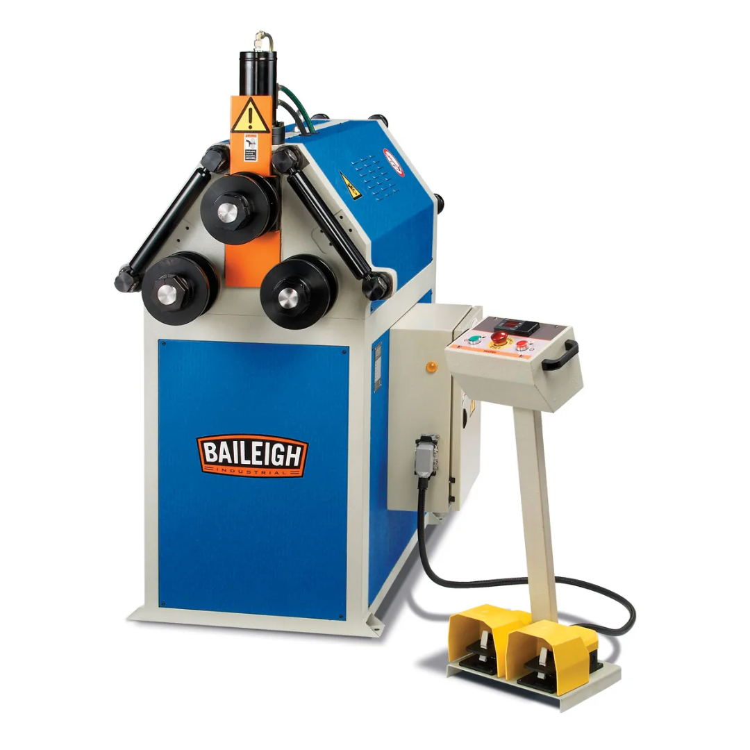 Baileigh Angle Roller R-H55 1006836 heavy-duty hydraulic angle roller with three powered rollers, adjustable control pedestal, foot pedal operation, and industrial steel frame for precision rolling of angle iron, flat bar, pipe, tube, and structural profiles.