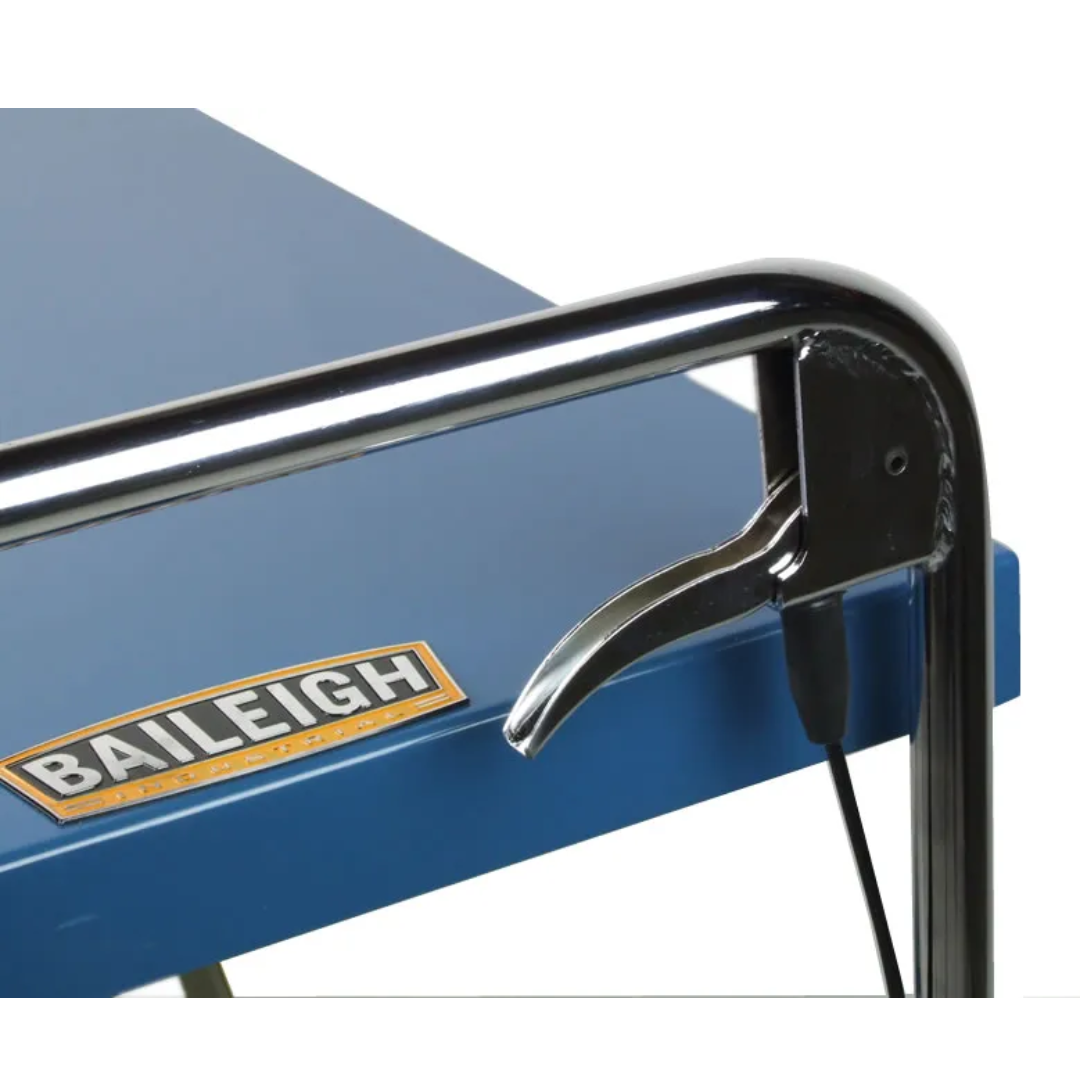 Baileigh B-Cart Hydraulic Lift Cart 1000578 steel platform and ergonomic handle system providing convenient transport and elevated work positioning in industrial environments.