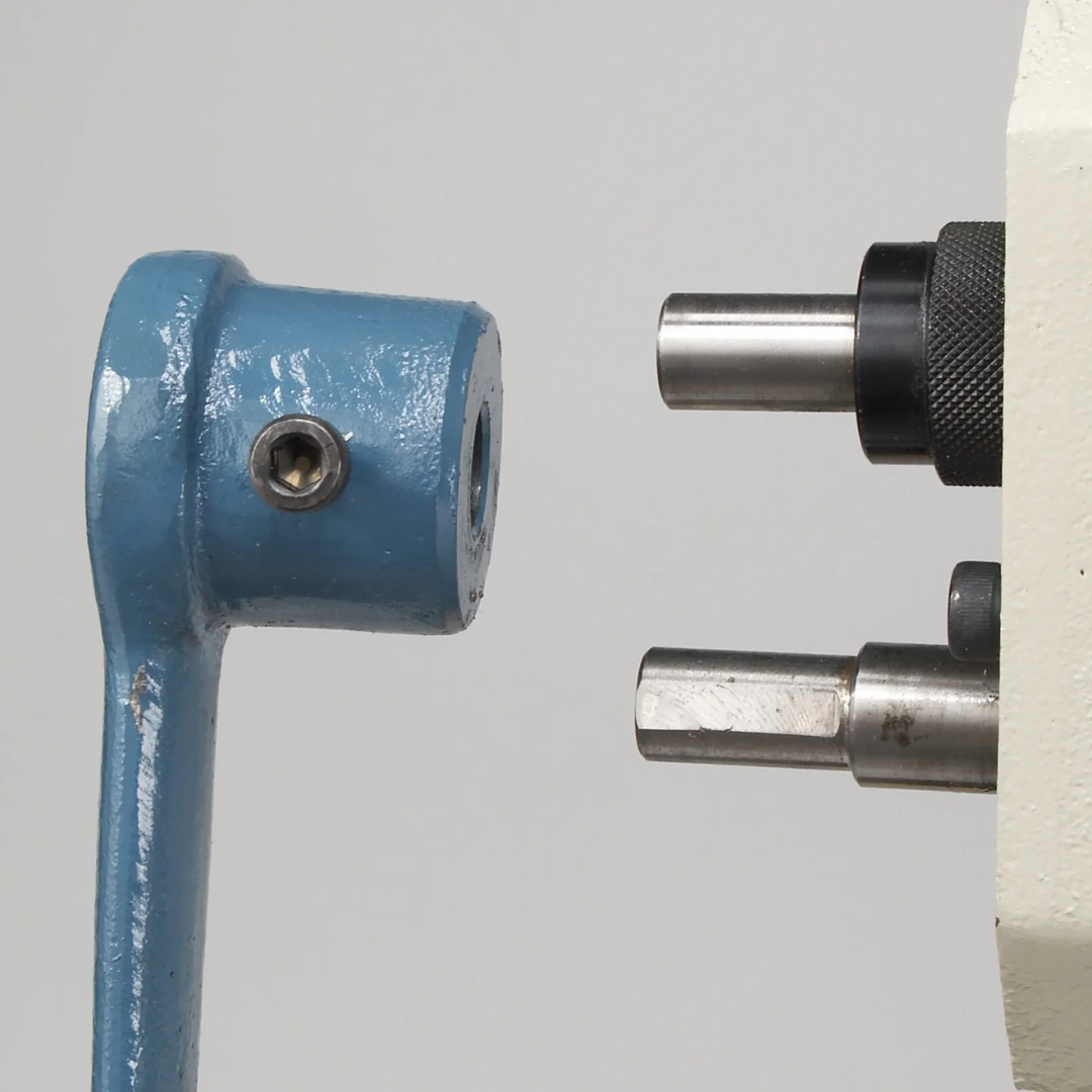 Baileigh Bead Roller - BR-22 1000936 side view showing hand crank drive mechanism and shaft assembly for smooth manual operation.