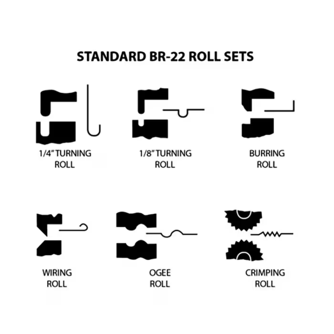 Baileigh Bead Roller - BR-22 1000936 standard bead roller tooling set chart displaying multiple roll profiles for beading, flanging, wiring, and decorative sheet metal forming applications.