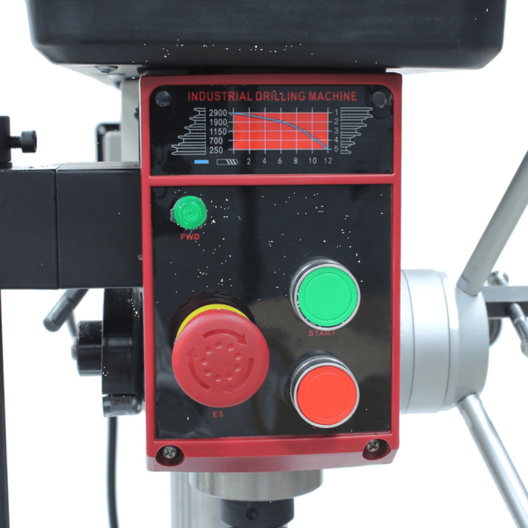 Baileigh Belt Driven Drill Press DP-1000E 1022128 control panel featuring start, stop, and emergency stop controls for safe and efficient machine operation.
