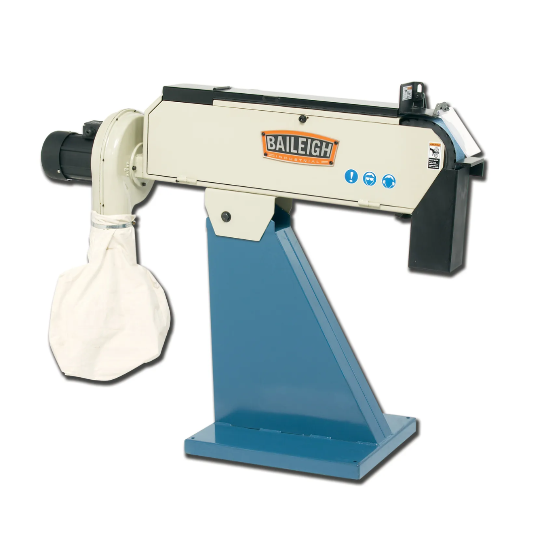 Baileigh Belt Grinder BG-379 1000680 industrial belt grinding machine featuring a large pedestal-mounted frame, integrated dust collection port, and heavy-duty belt finishing system for metalworking applications.