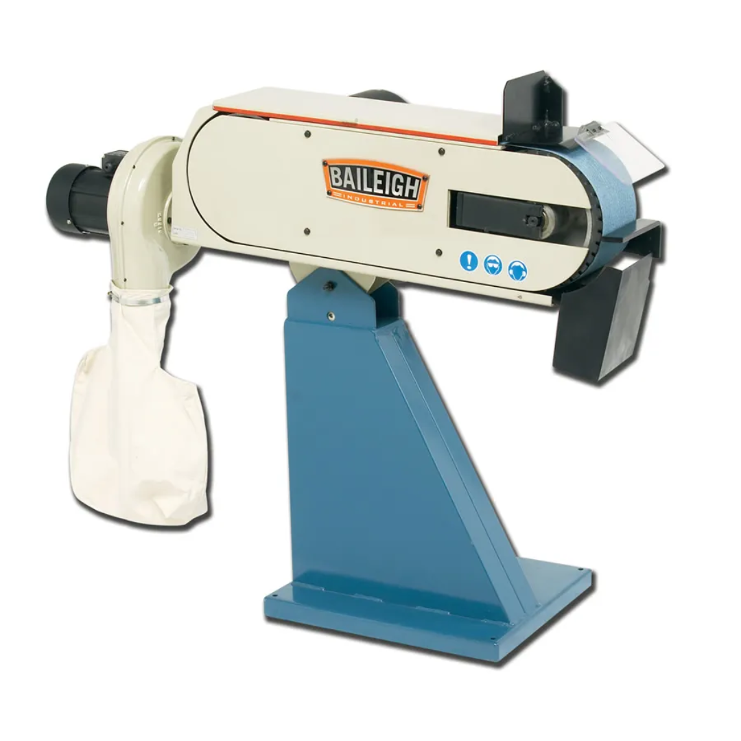 Baileigh Belt Grinder BG-679 1000698 industrial belt grinding machine with heavy-duty pedestal base, integrated dust collection bag, and large abrasive belt system for metal finishing and fabrication applications.
