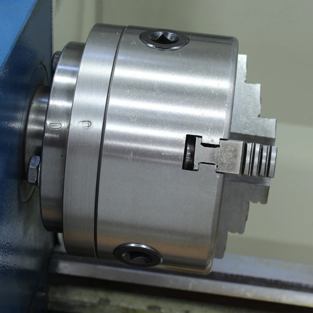 Baileigh Bench Lathe PL-1022VS-V2 1228215 close-up of the precision chuck and spindle assembly built for smooth and consistent machining performance.