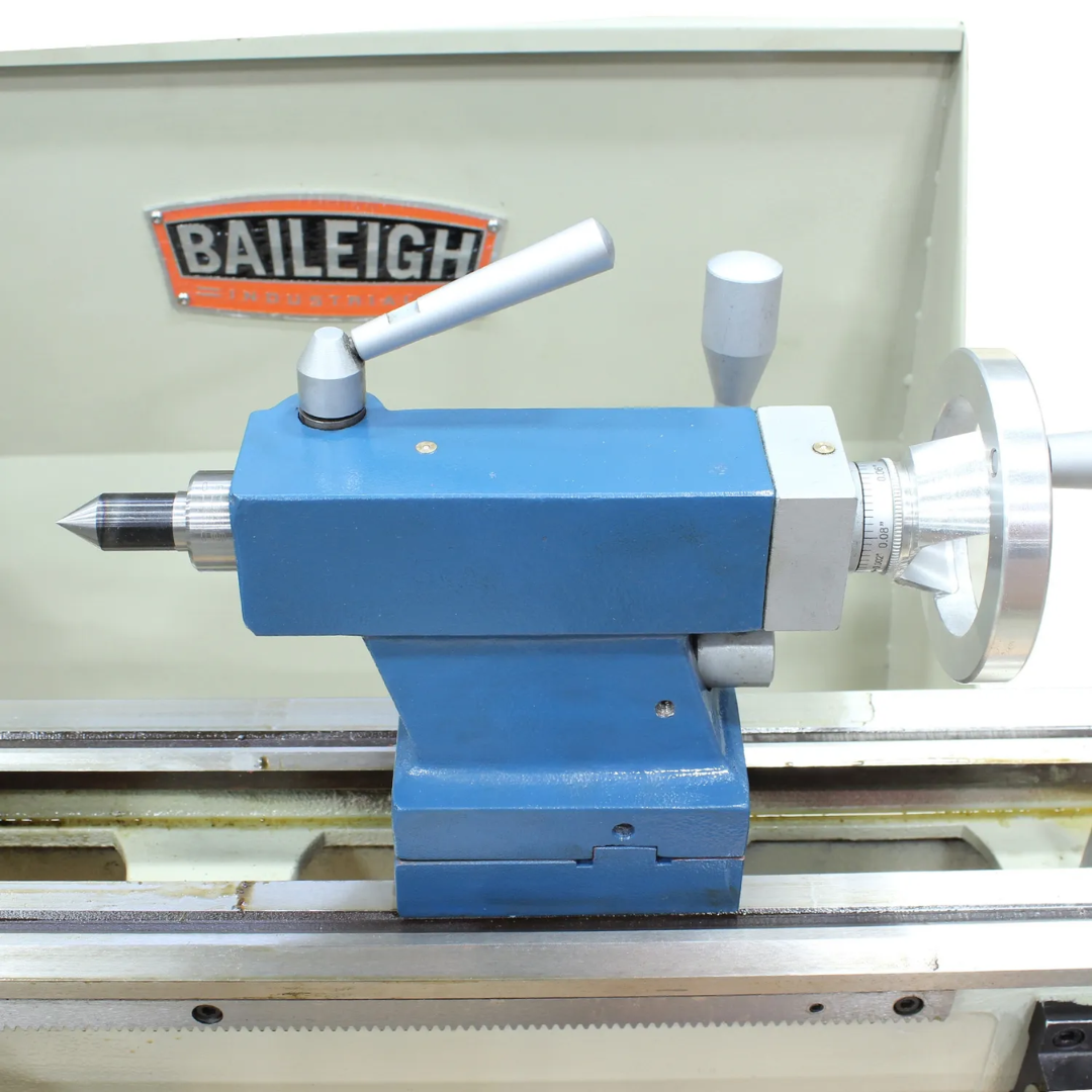 Baileigh Bench Lathe PL-1022VS-V2 1228215 heavy-duty tailstock and bed construction delivering stability and accuracy for metal fabrication projects.