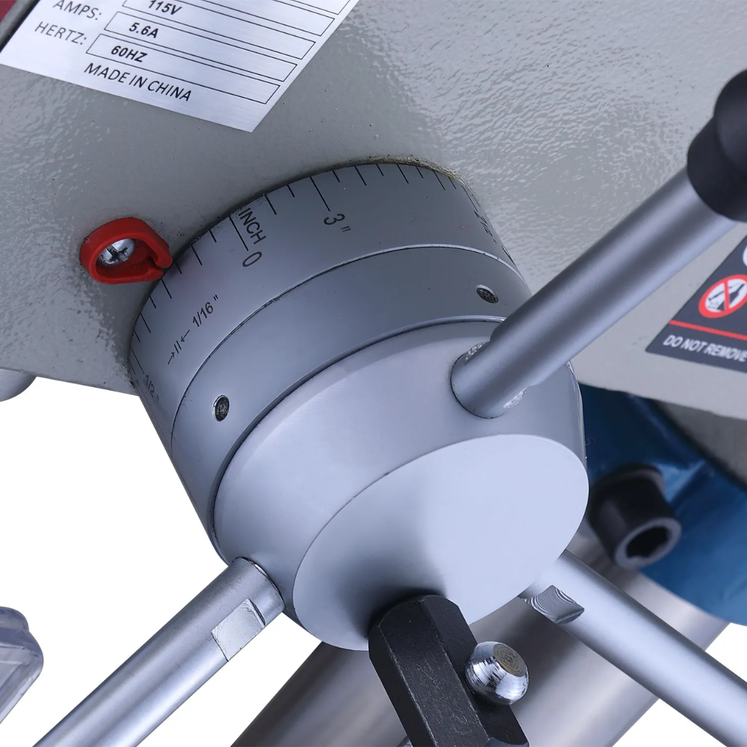 Baileigh Bench Top Drill Press DP-3814B 1228211 detailed view of the spindle and chuck assembly engineered for precise drilling performance.