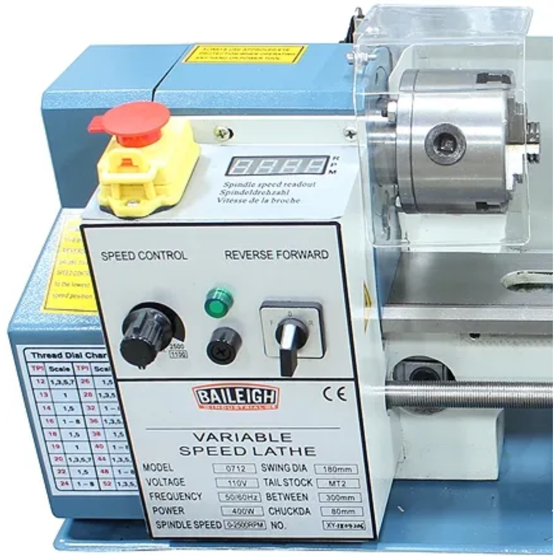 Baileigh Bench Top Lathe (PL-714VS-V2) 1228214 control panel close-up featuring digital speed display, machine controls, and operator interface.