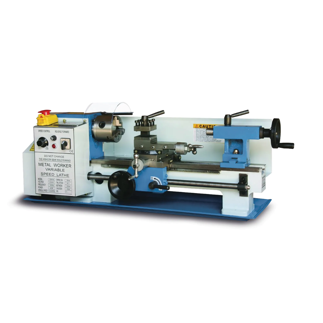 Baileigh Bench Top Lathe (PL-714VS-V2) 1228214 full machine view showing compact variable-speed bench lathe with precision spindle, carriage assembly, and metalworking controls for machining applications.