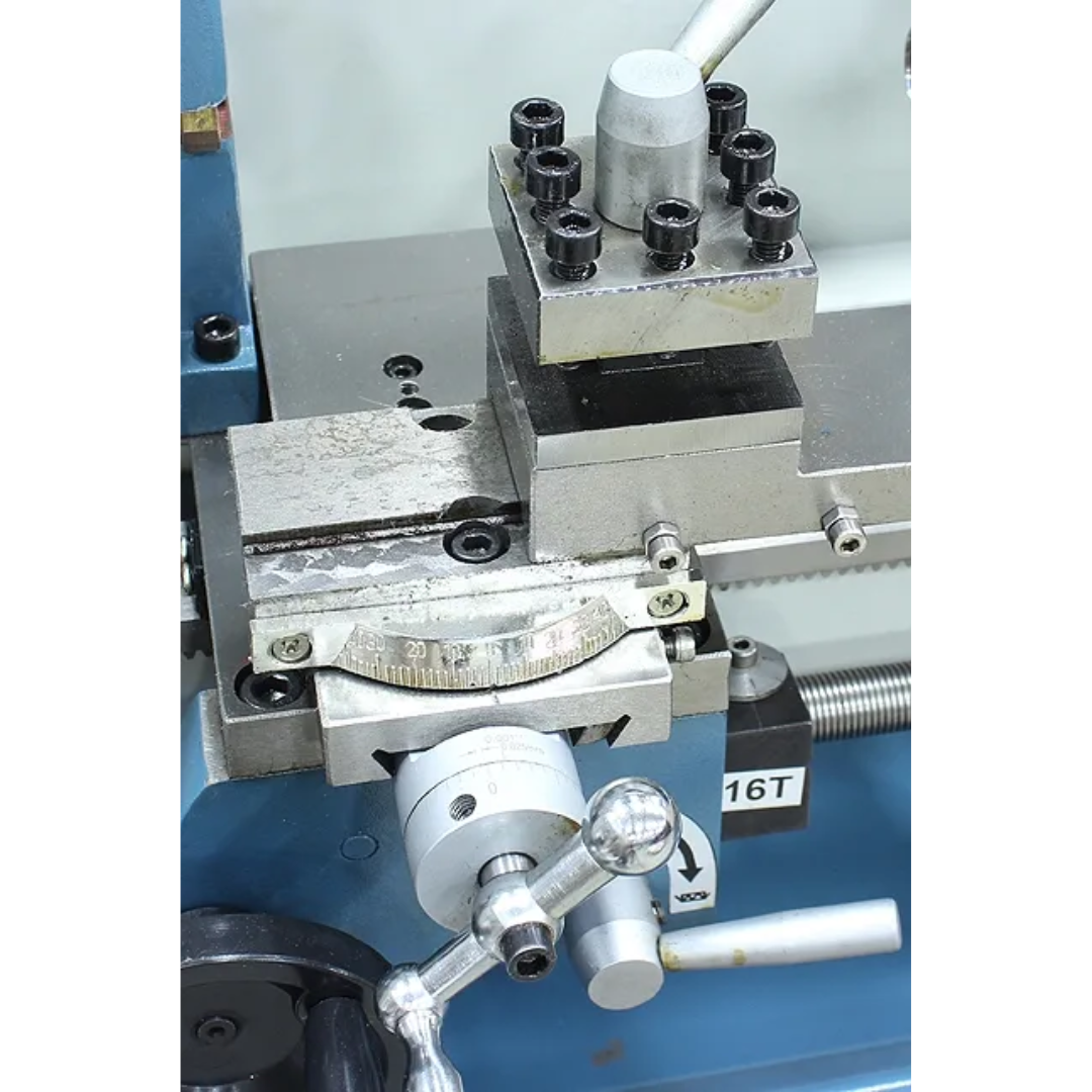 Baileigh Bench Top Lathe (PL-714VS-V2) 1228214 side-angle machine view highlighting the tailstock, carriage controls, and precision bench lathe configuration.