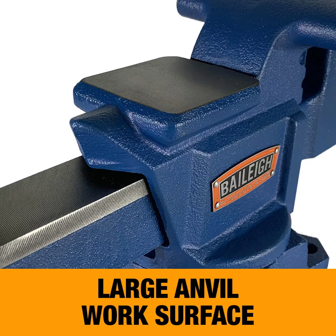 Baileigh Bench Vise large integrated anvil work surface with 6-1/2-inch jaw width and heavy-duty cast iron construction for shaping, hammering, and fabrication tasks.