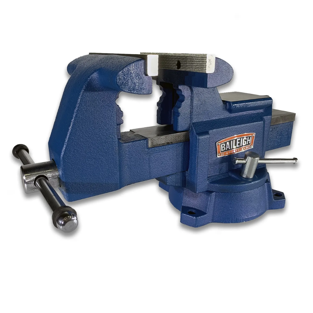 Baileigh Bench Vise with 5-1/2-inch jaw width, 6-inch jaw opening, and 3-inch throat depth featuring heavy-duty ductile cast iron construction, integrated pipe jaws, and swivel base for professional workshop applications.