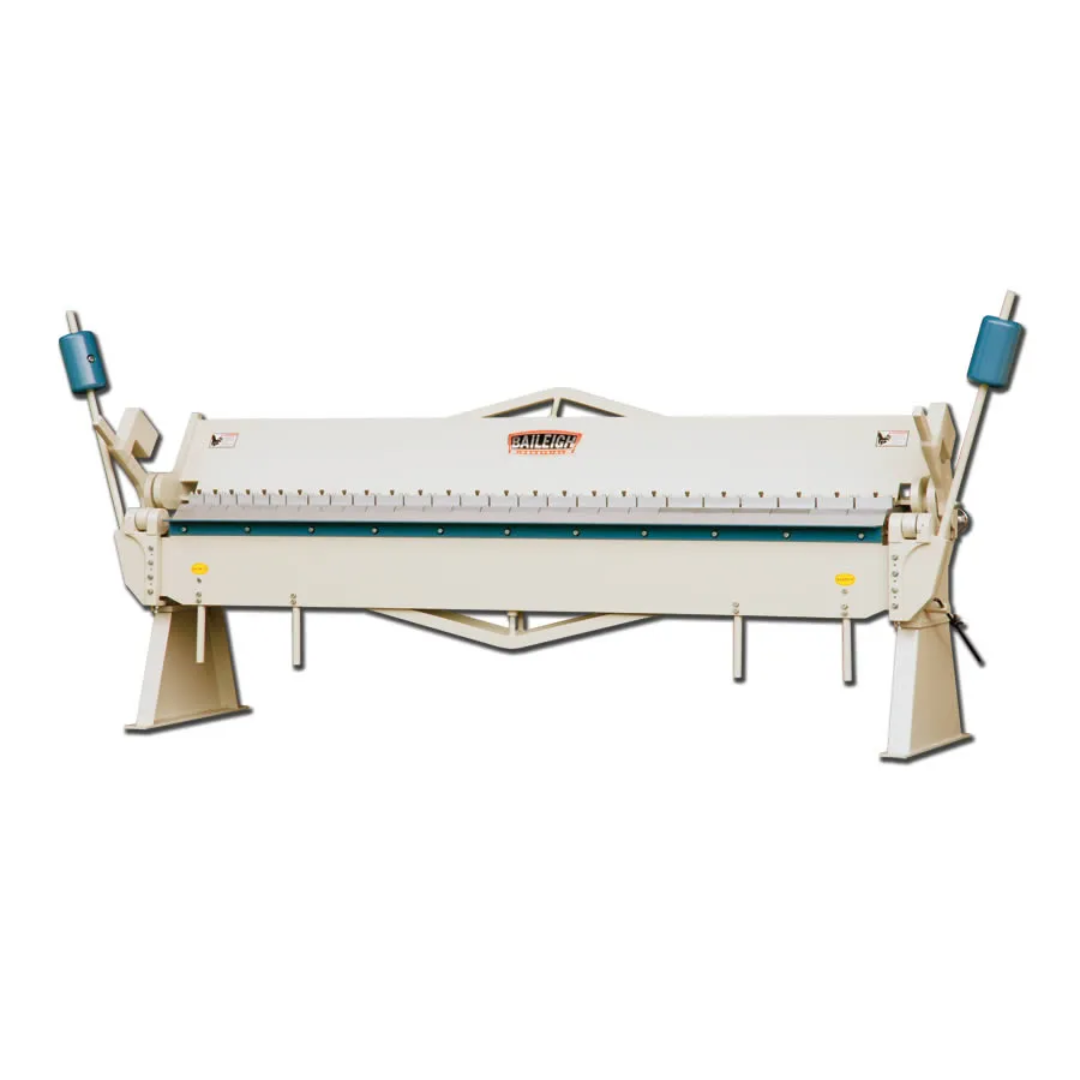 Baileigh Box and Pan Brake BB-12016 1000380 heavy-duty manual sheet metal box and pan brake with a long bending bed, segmented removable fingers, reinforced steel frame, dual counterweights, and precision bending capability for industrial fabrication, HVAC, and metalworking applications.