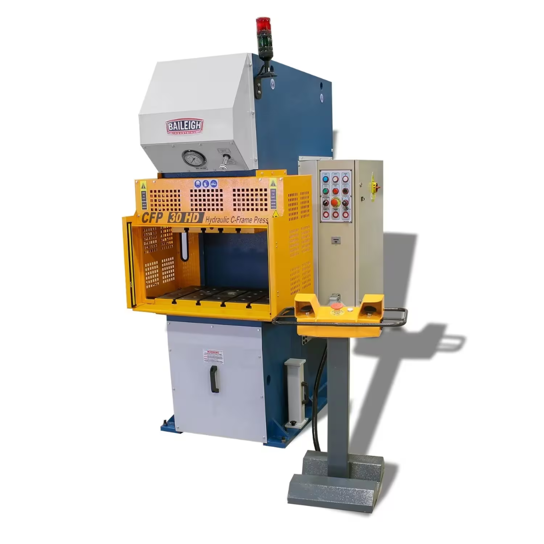 Baileigh C-Frame Press CFP-30HD 1015407 heavy-duty hydraulic C-frame press with industrial steel frame, operator controls, and work support stand for precision metal forming applications.