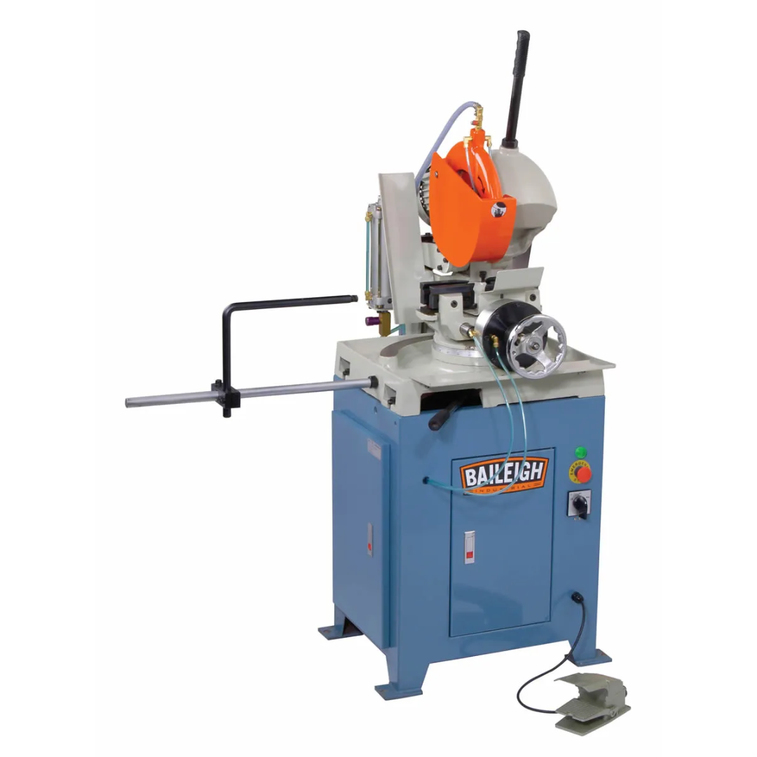 Baileigh Cold Saw - (CS-275SA) 1002447 front view featuring a semi-automatic industrial cold saw with precision mitering base, coolant system, integrated material stop, heavy-duty vise, and steel cabinet for accurate metal cutting.