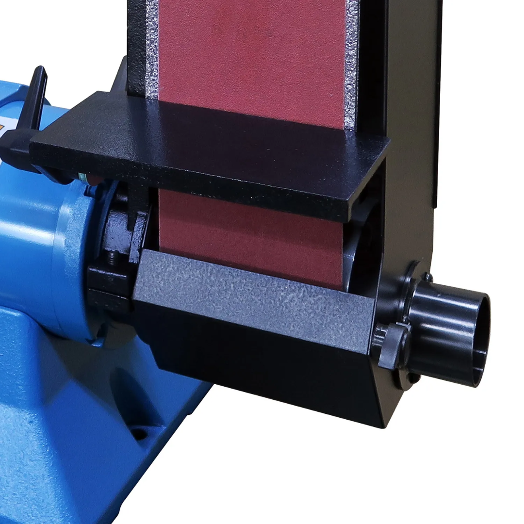 Baileigh Combination 8" Bench Grinder & 4" Belt Grinder - (IGBB-436) 1227899 close-up of the vertical belt grinder section designed for deburring, shaping, and surface finishing operations.