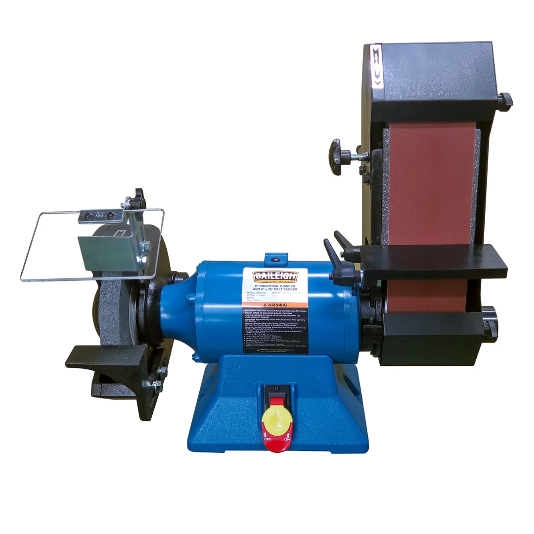 Baileigh Combination 8" Bench Grinder & 4" Belt Grinder - (IGBB-436) 1227899 complete workstation view featuring both bench grinding and belt sanding functions for fabrication shops.