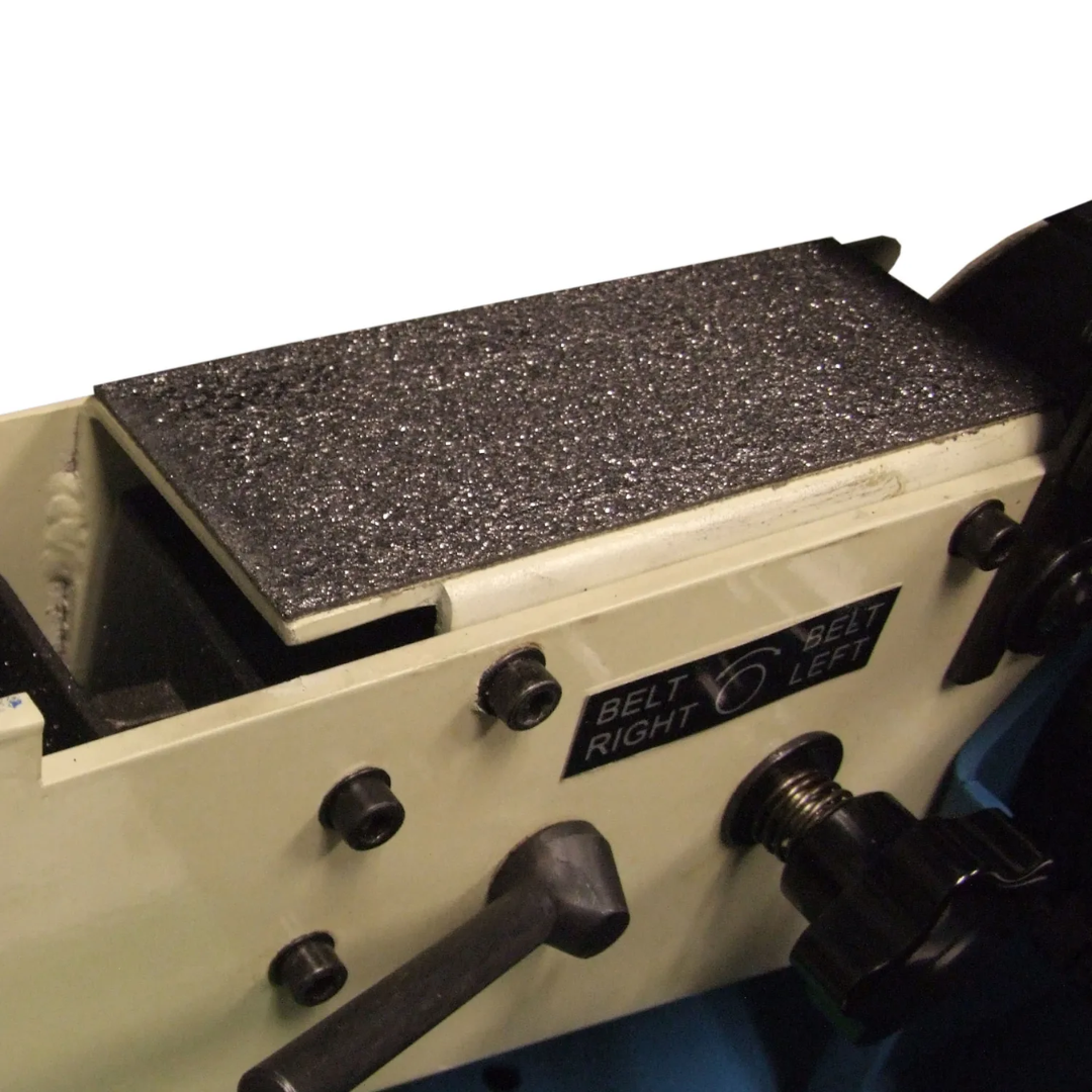 Baileigh Combination Belt and Disk Grinder DBG-62 1002674 adjustable belt grinding platen and work table providing stable support for flat grinding, sanding, and finishing metal components.