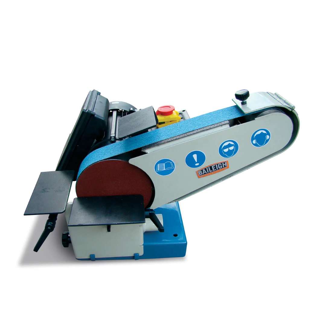 Baileigh Combination Belt and Disk Grinder DBG-62 1002674 industrial combination belt and disc grinder featuring a horizontal abrasive belt, integrated grinding disc, heavy-duty steel construction, adjustable work tables, and electric operation for deburring, shaping, finishing, and metal fabrication.