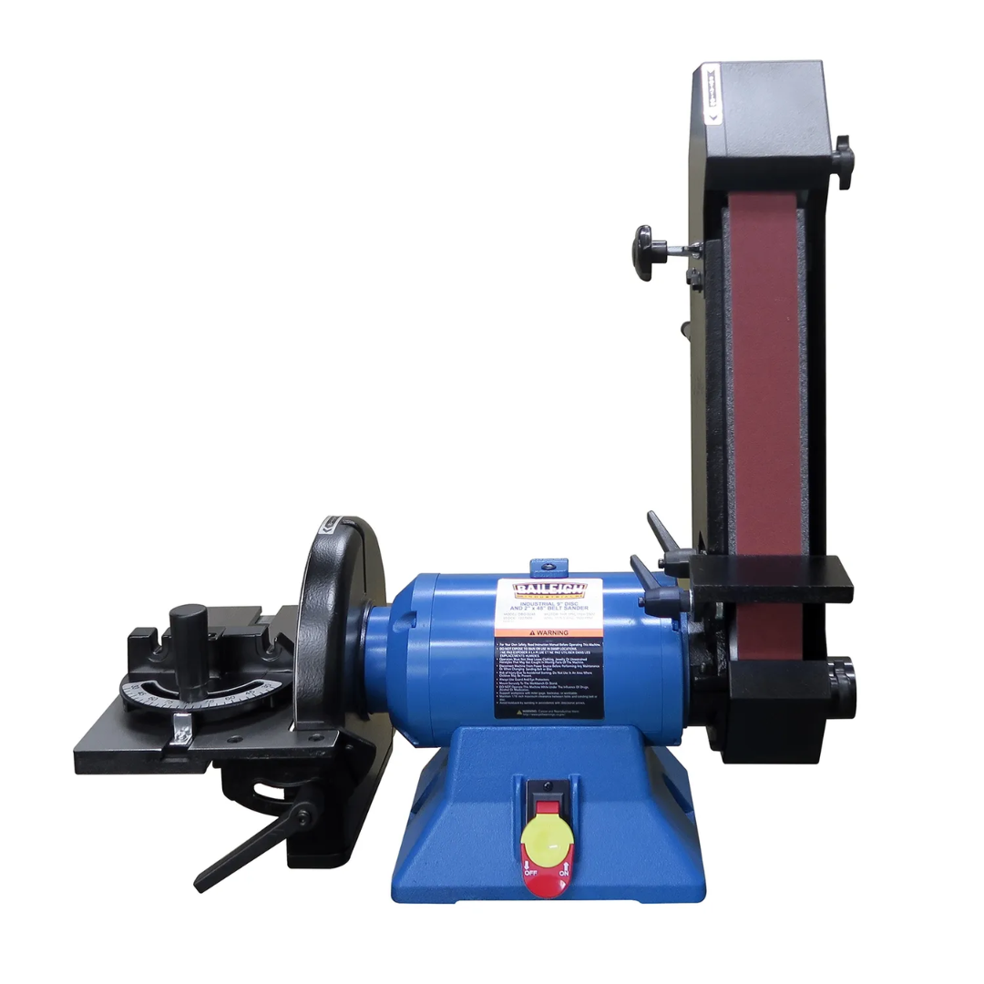 Baileigh Combination Belt and Disk Grinder DBG-9248 1227900 angled view highlighting the belt grinding section, adjustable tooling supports, and compact industrial footprint for fabrication and maintenance workshops.
