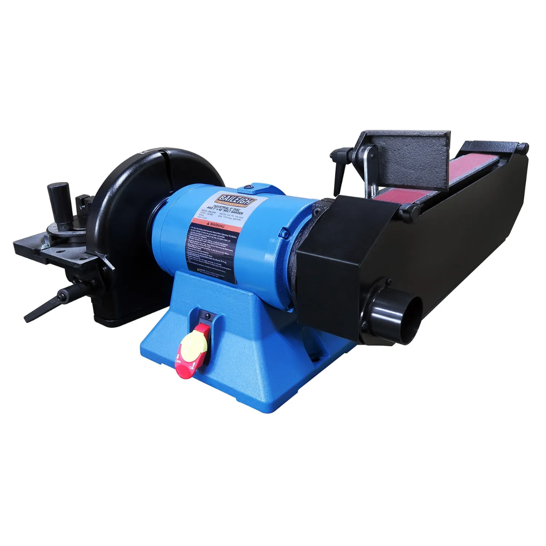 Baileigh Combination Belt and Disk Grinder DBG-9248 1227900 detailed view of the grinding machine components, including the abrasive belt mechanism, disc sanding station, and heavy-duty frame for precision finishing tasks.