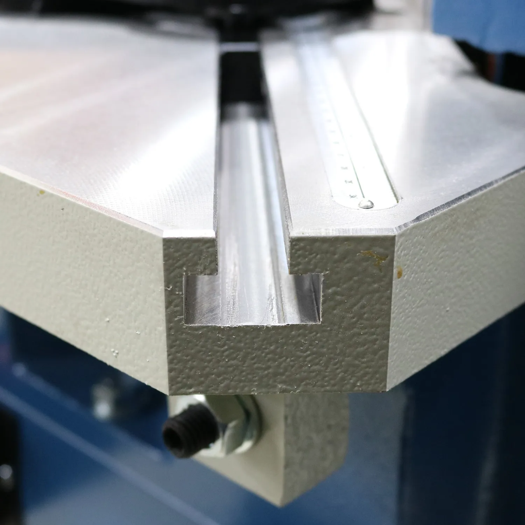 Baileigh Corner Notcher SN-F11-AN 1007236 close-up of the notching blade opening showing precision-machined cutting area for clean corner removal.