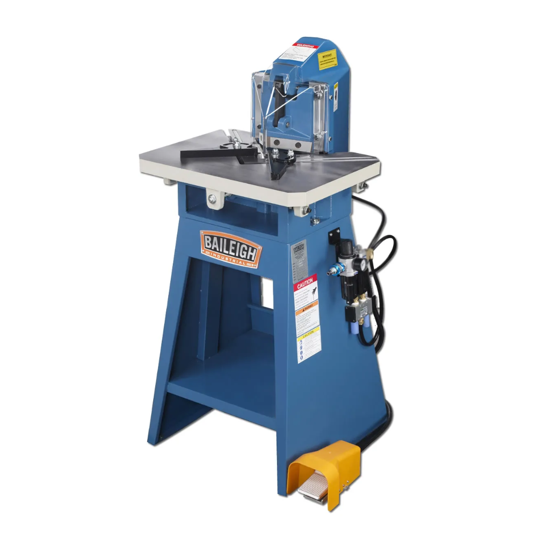 Baileigh Corner Notcher SN-F11-AN 1007236 heavy-duty hydraulic corner notching machine with precision notching blades, adjustable work table, foot pedal control, and industrial steel stand for accurate sheet metal corner cutting and fabrication.