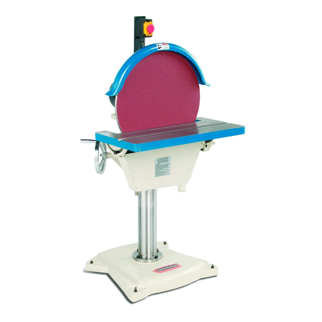 Baileigh Disc Grinder DG-500 1002708 industrial disc grinder with a large abrasive grinding disc, precision adjustable work table, heavy-duty steel frame, and floor-mounted pedestal for deburring, edge finishing, and metal fabrication.