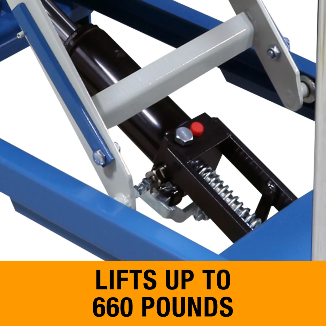 Baileigh Double Height Lifting Table B-CARTX2 1000579 underside view showing the reinforced double-scissor lifting mechanism and hydraulic assembly with a lifting capacity of up to 660 pounds.