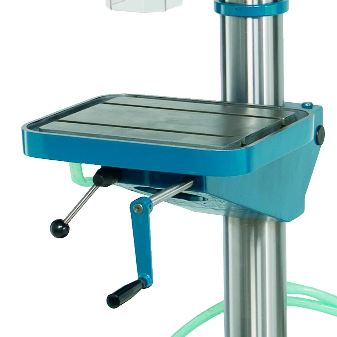 Baileigh Drill Press - DP-1500G 1002872 adjustable worktable detail featuring large machining surface, rigid support structure, and accurate workpiece positioning.