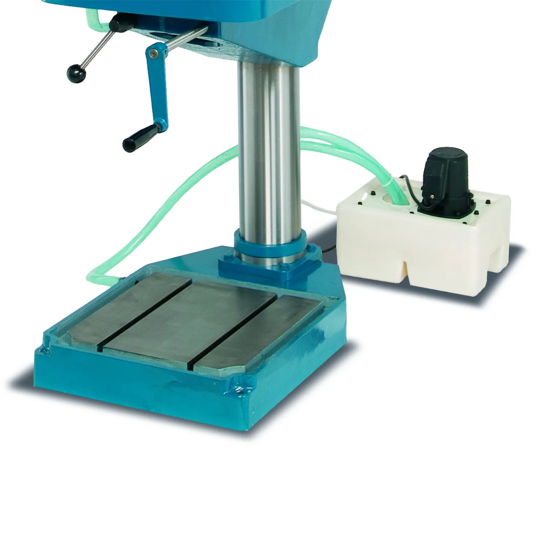 Baileigh Drill Press - DP-1500G 1002872 angled view showing geared head assembly, adjustable drilling table, coolant system, and robust steel base.