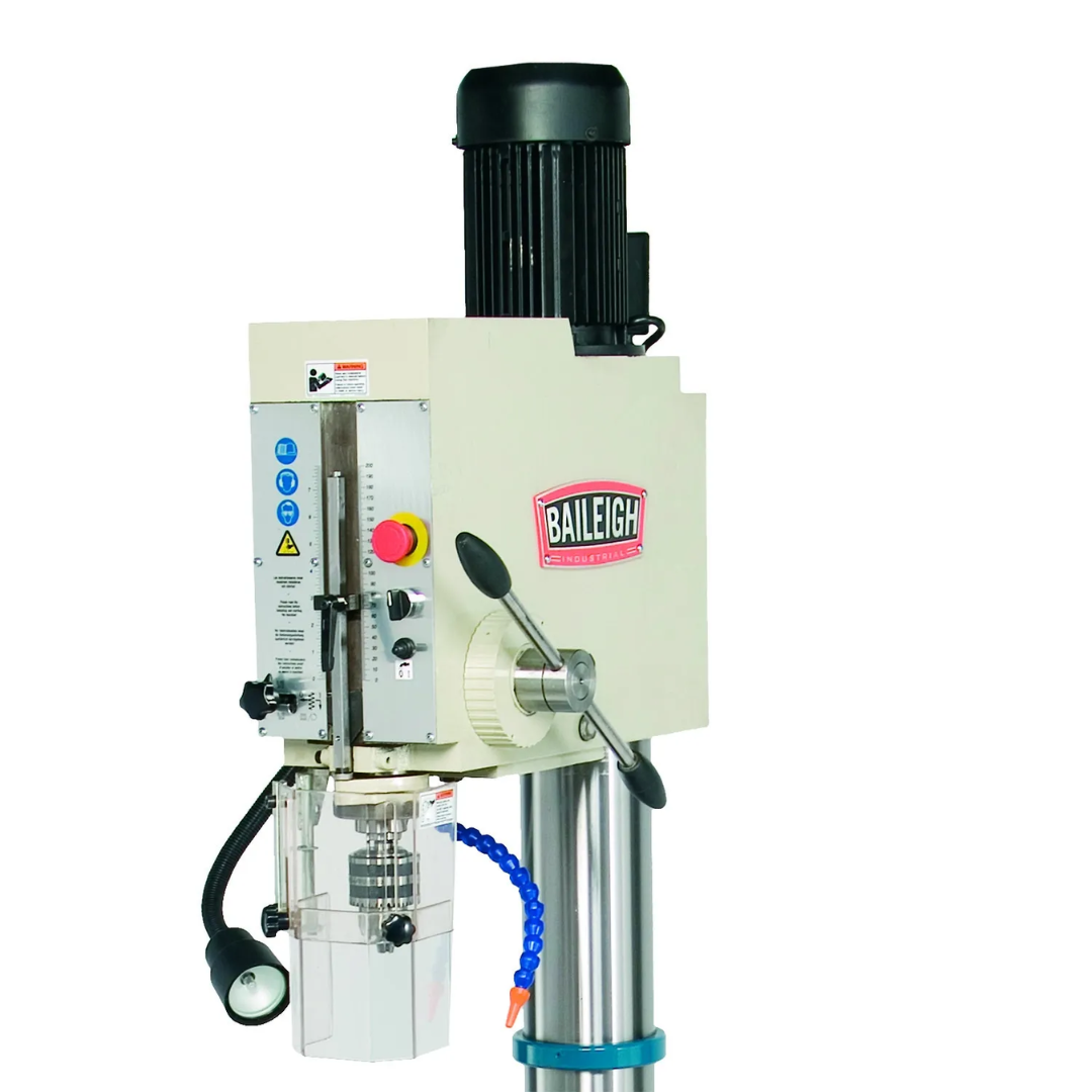 Baileigh Drill Press - DP-1500G 1002872 front perspective highlighting industrial drill head, spindle controls, precision feed mechanism, and durable machine frame.
