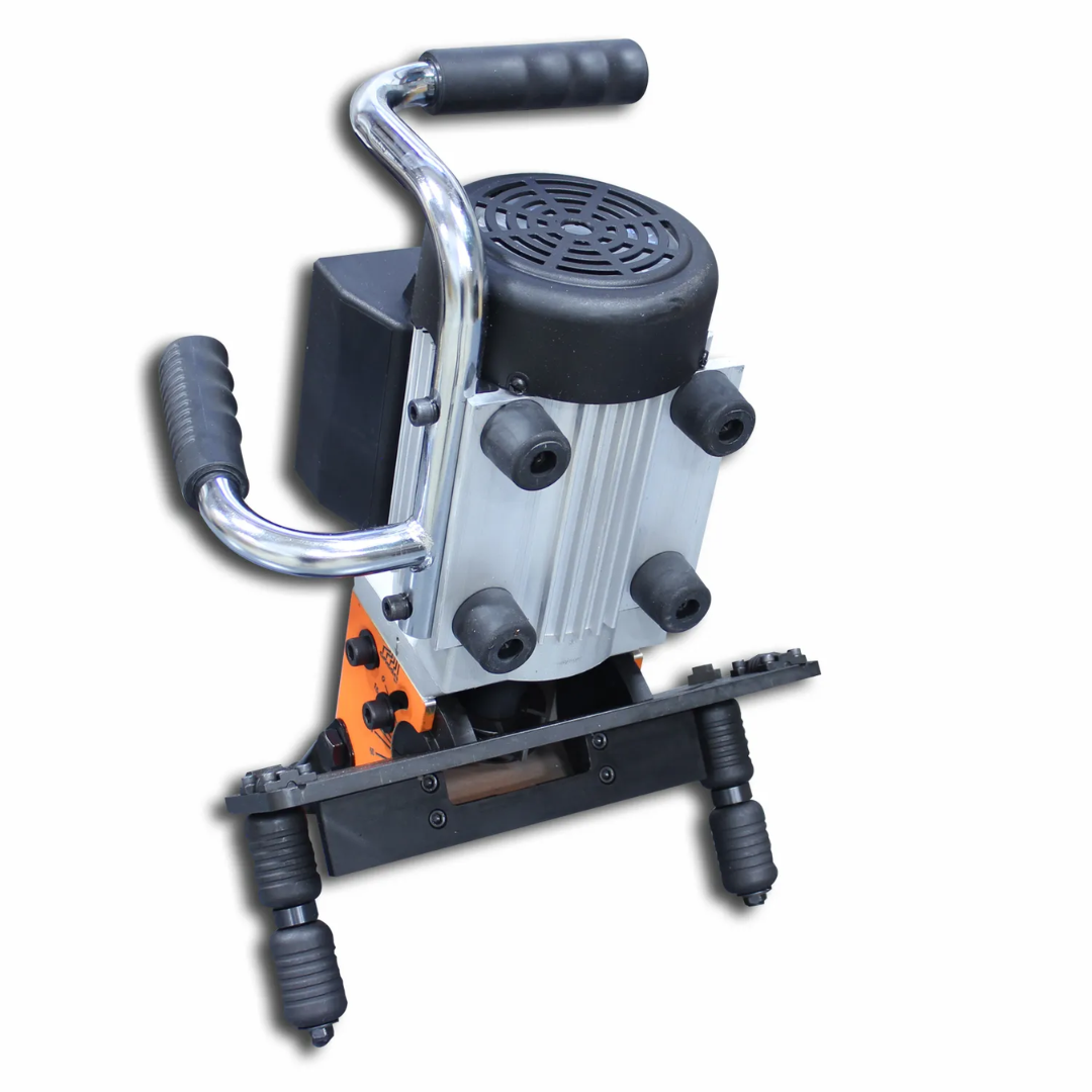 Baileigh Electric Plate and Pipe Beveler (CM-060PR) 1016602 mounted on support stand displaying pipe beveling setup for precise weld preparation applications.