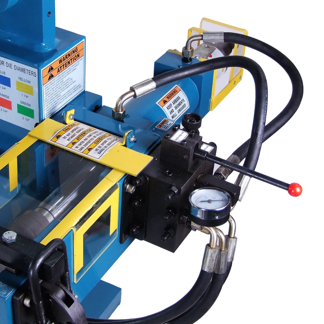 Baileigh Exhaust Bender - (EB-300) 1004134 control and hydraulic assembly side view highlighting the bending actuator, hydraulic lines, and industrial machine controls.