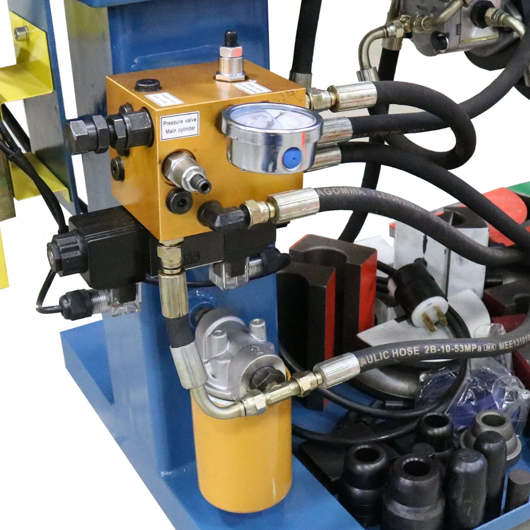 Baileigh Exhaust Bender - (EB-300) 1004134 hydraulic power unit detail featuring the pump, filter assembly, valves, and hydraulic components designed for smooth bending operation.